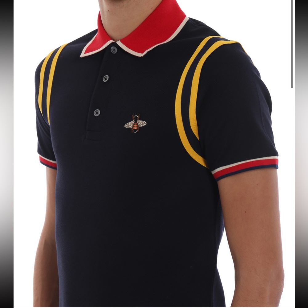Gucci Polo Shirt  - Bee Patch Navy Blue/red/yellow Cotton Size Medium